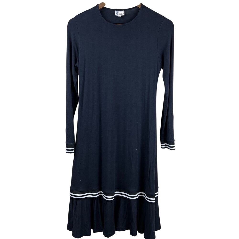 Go Couture Dress XS Blue Long Sleeve Pleated Hem Round Neck Nautical Capsle